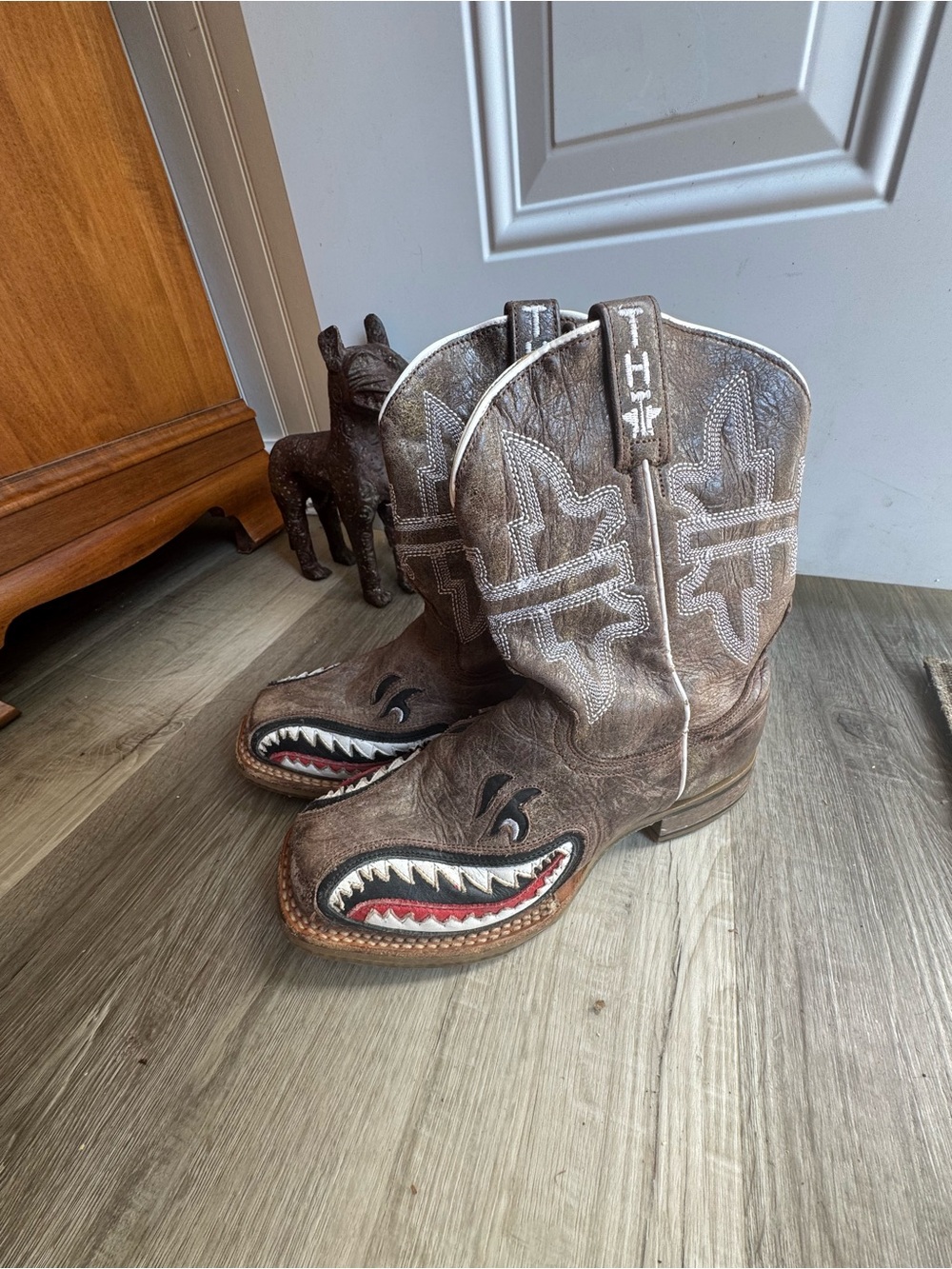 Tin Haul Sharky Kids Size 3 Leather Cowboy Boots Growth Spurt Western